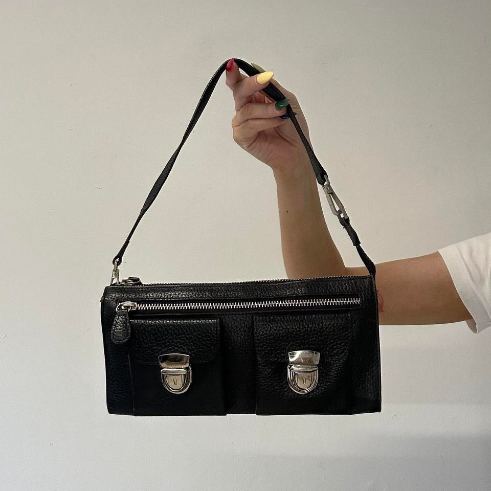 black faux leather double pocket mini shoulder bag