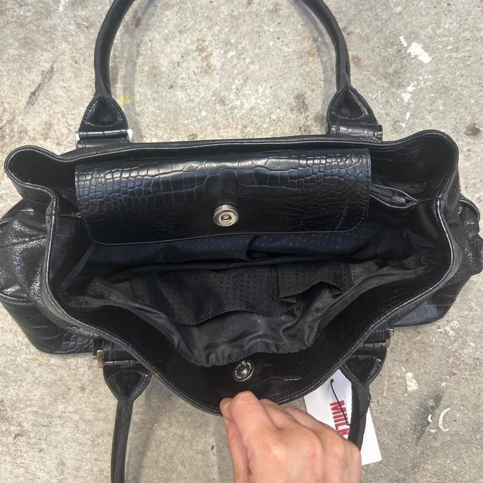 black faux leather glitter croc effect shoulder bag