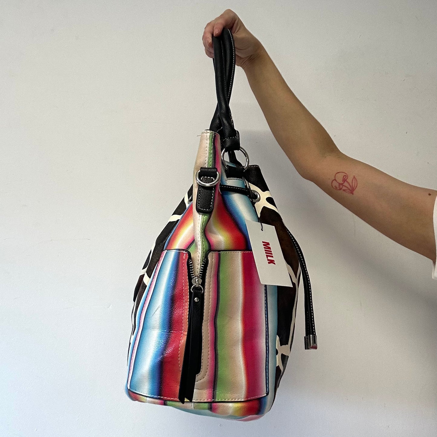 multicoloured faux leather giraffe print shoulder bag