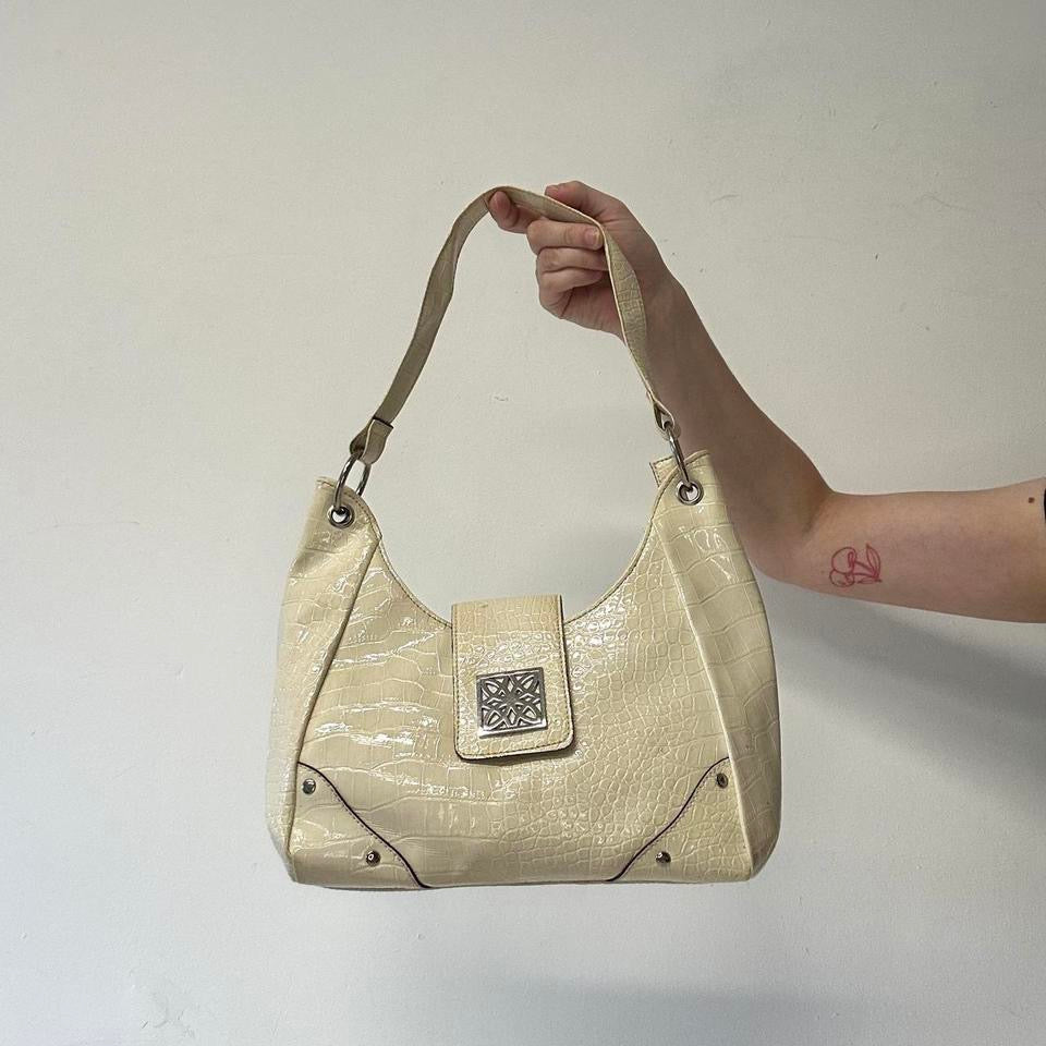 cream faux leather buckle effect shoulder bag