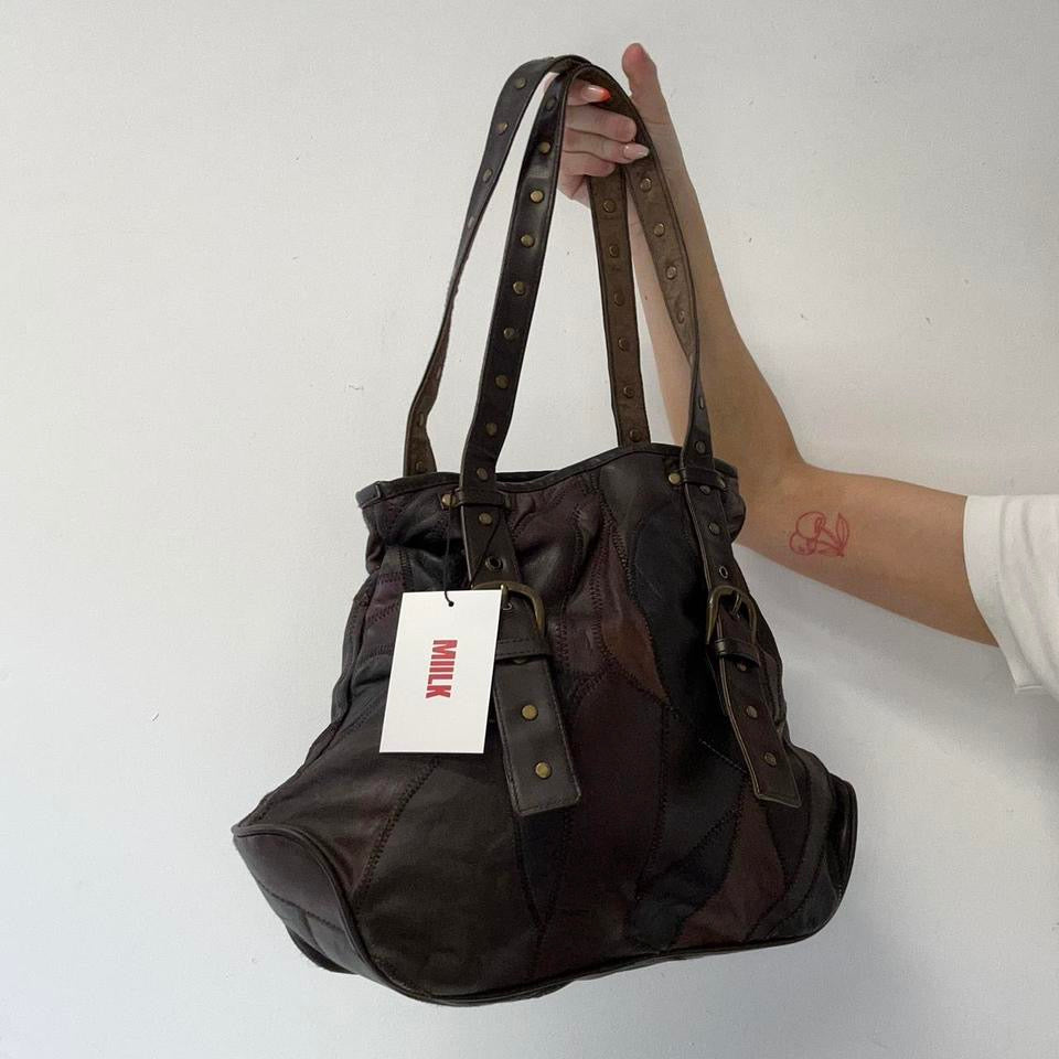 brown patchwork leather studded shoulder bag