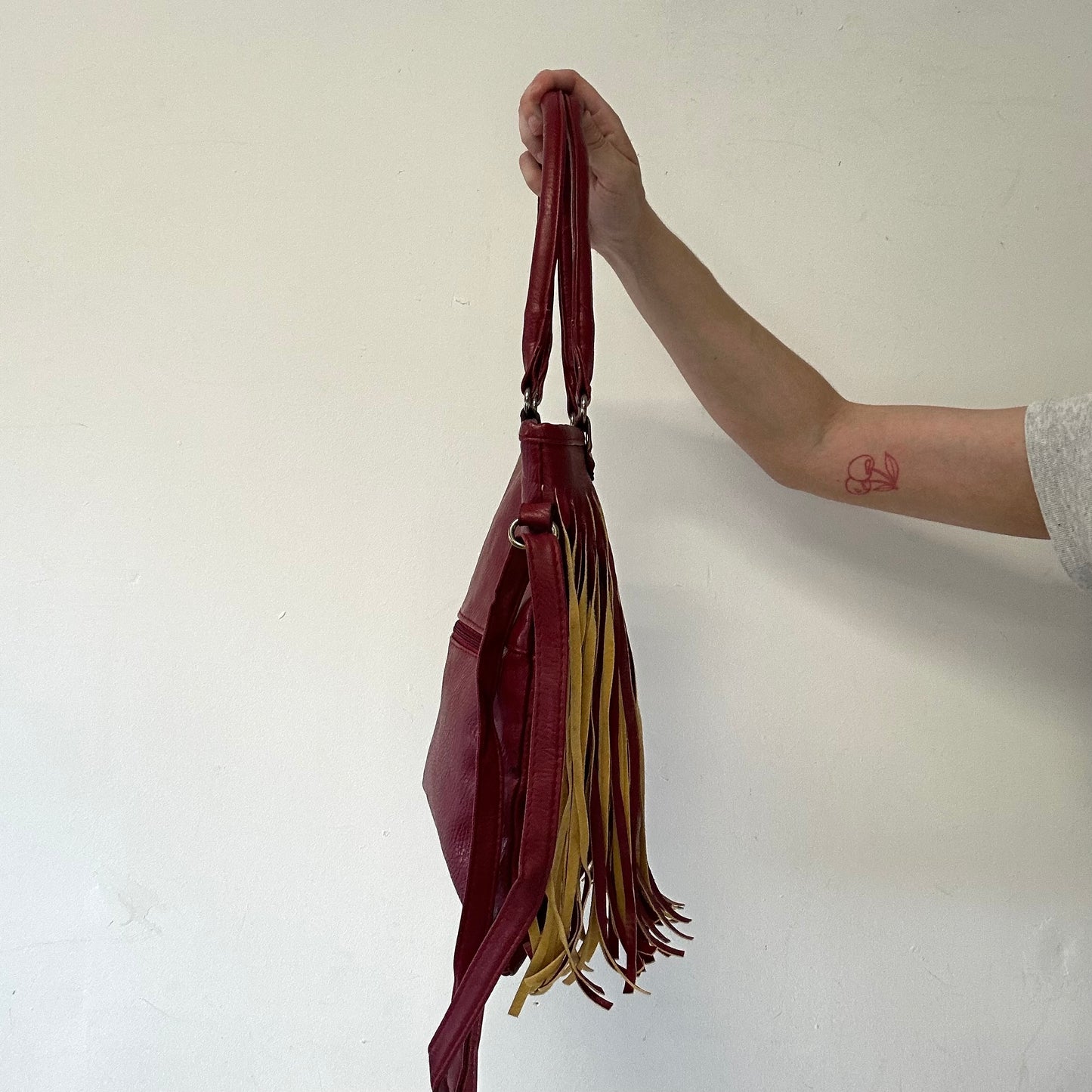 red genuine leather fringe festival shoulder bag