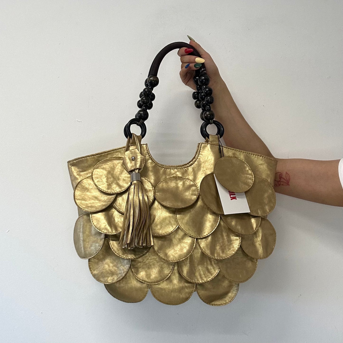 gold faux leather disc beaded shoulder bag