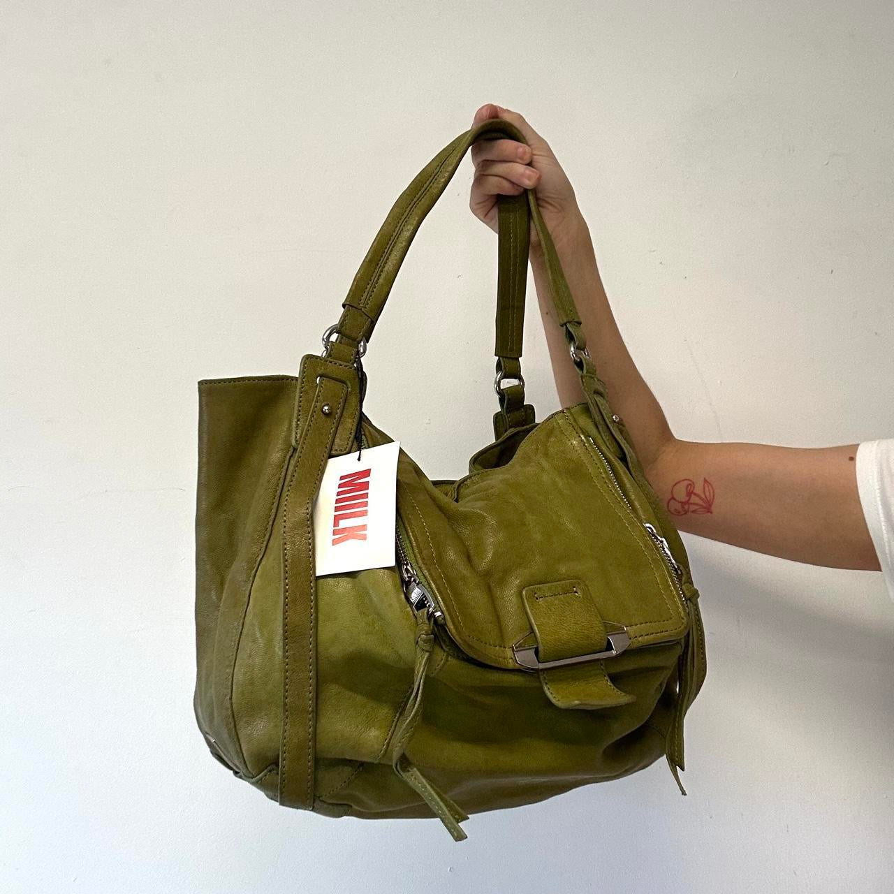 green genuine leather double zip shoulder bag
