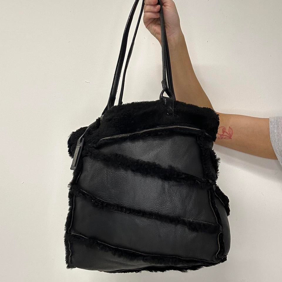 black faux leather faux fur shoulder bag