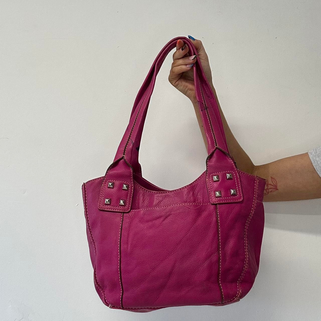 pink faux leather studded shoulder bag