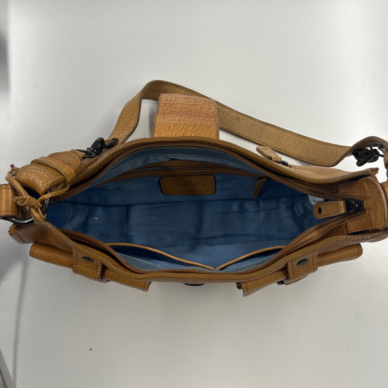 tanned genuine leather double pocket shoulder bag