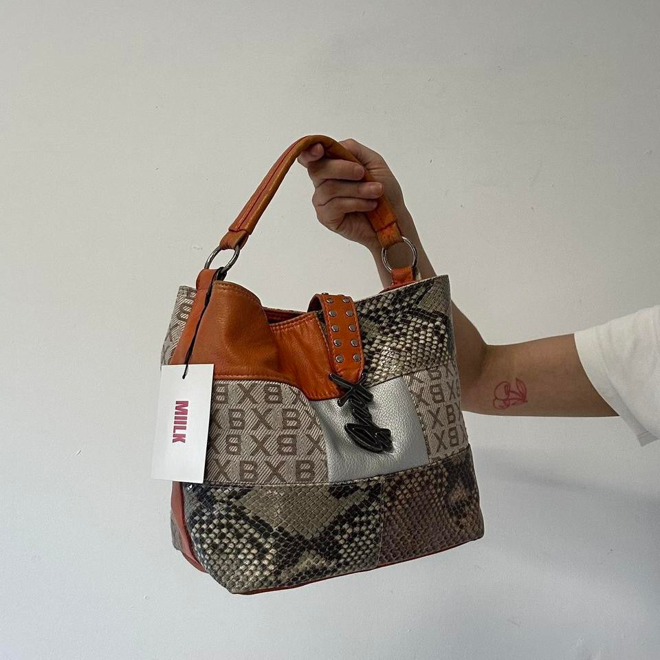 orange faux leather animal print shoulder bag
