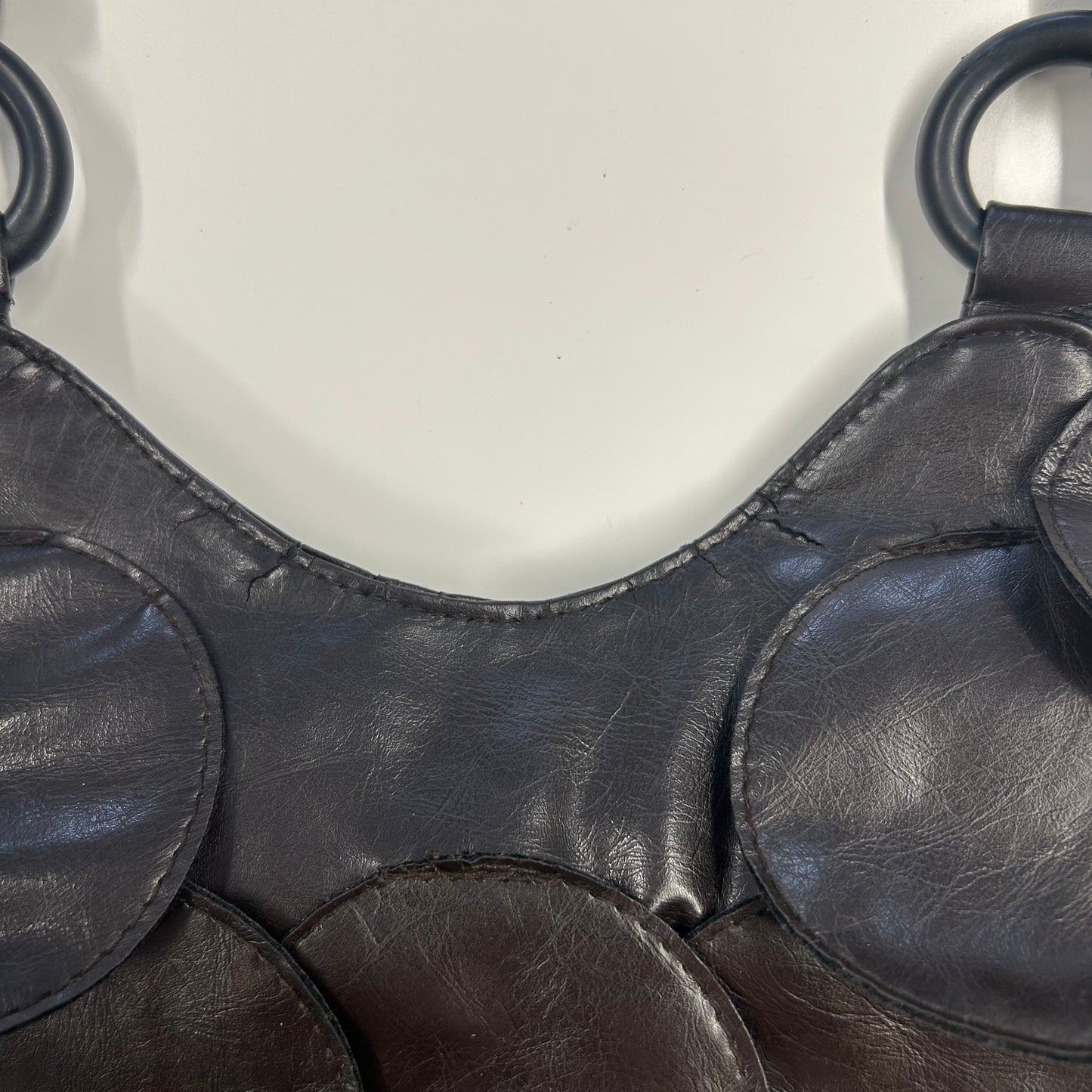 dark brown faux leather disc beaded shoulder bag