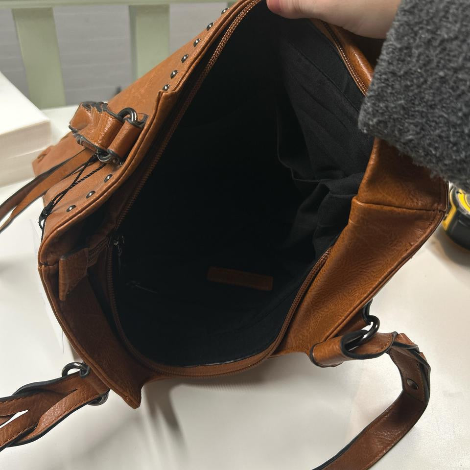 tanned studded faux leather shoulder bag
