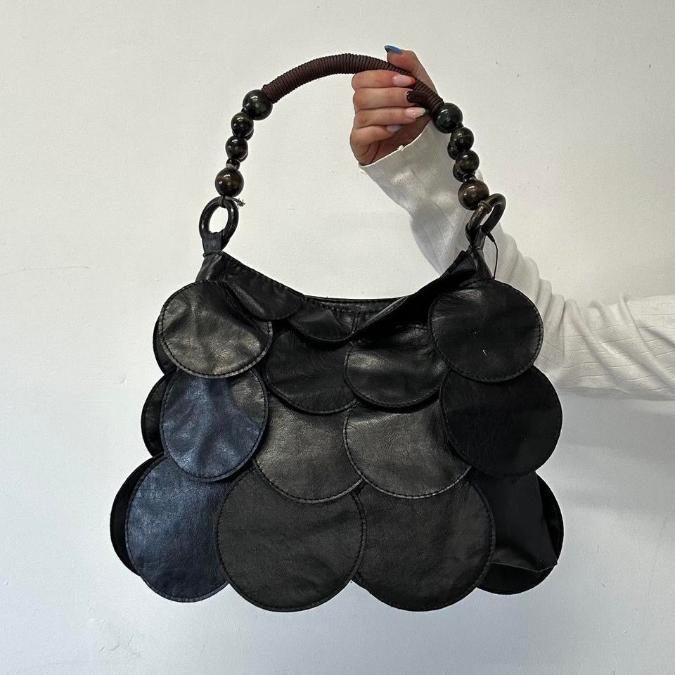 black faux leather disc beaded shoulder bag
