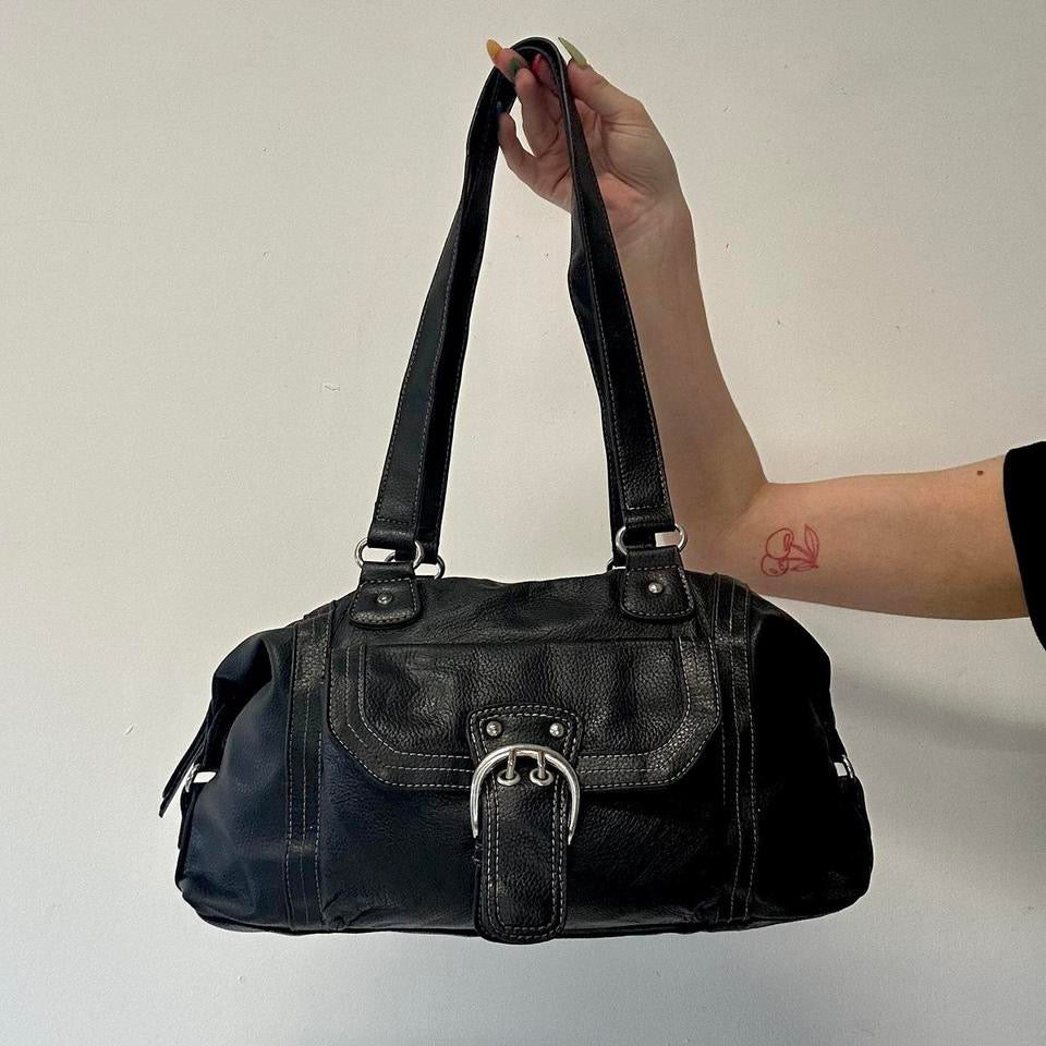 black genuine leather buckle shoulder bag