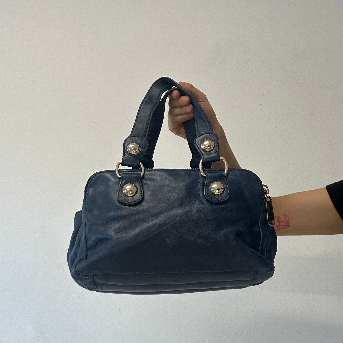 navy blue genuine leather triple compartment hand bag