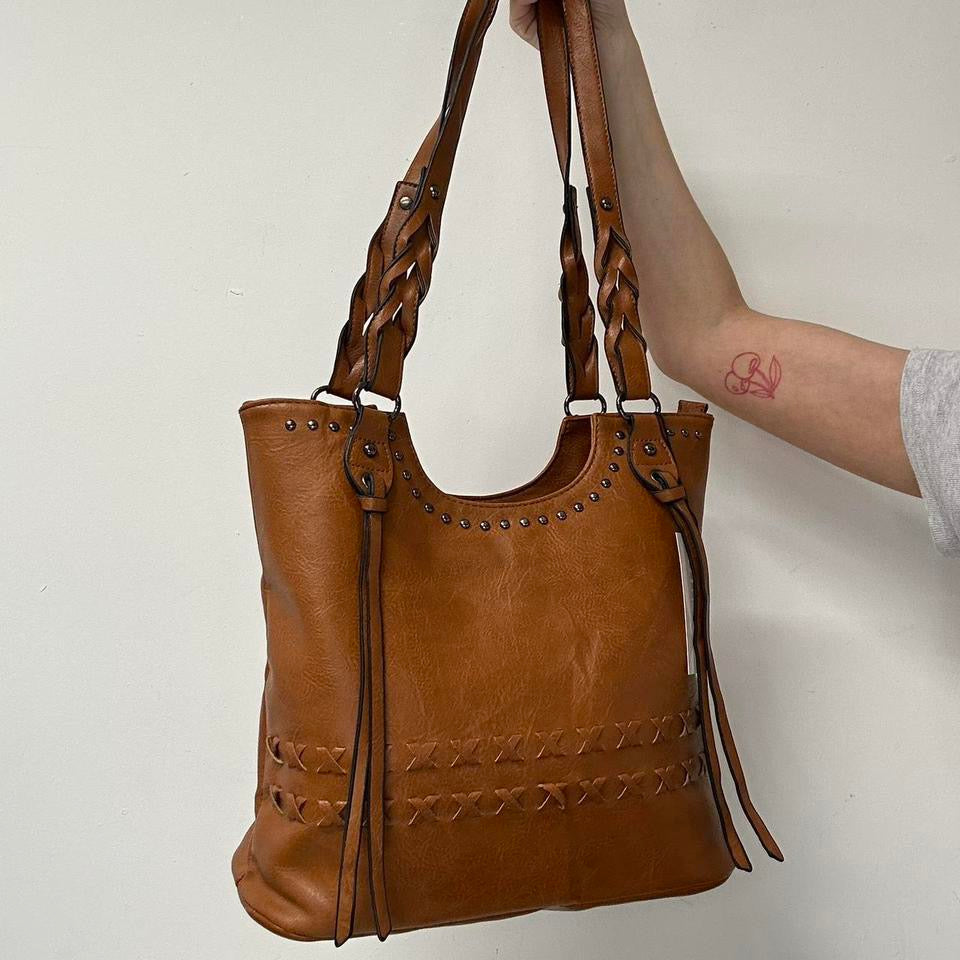 tanned studded faux leather shoulder bag