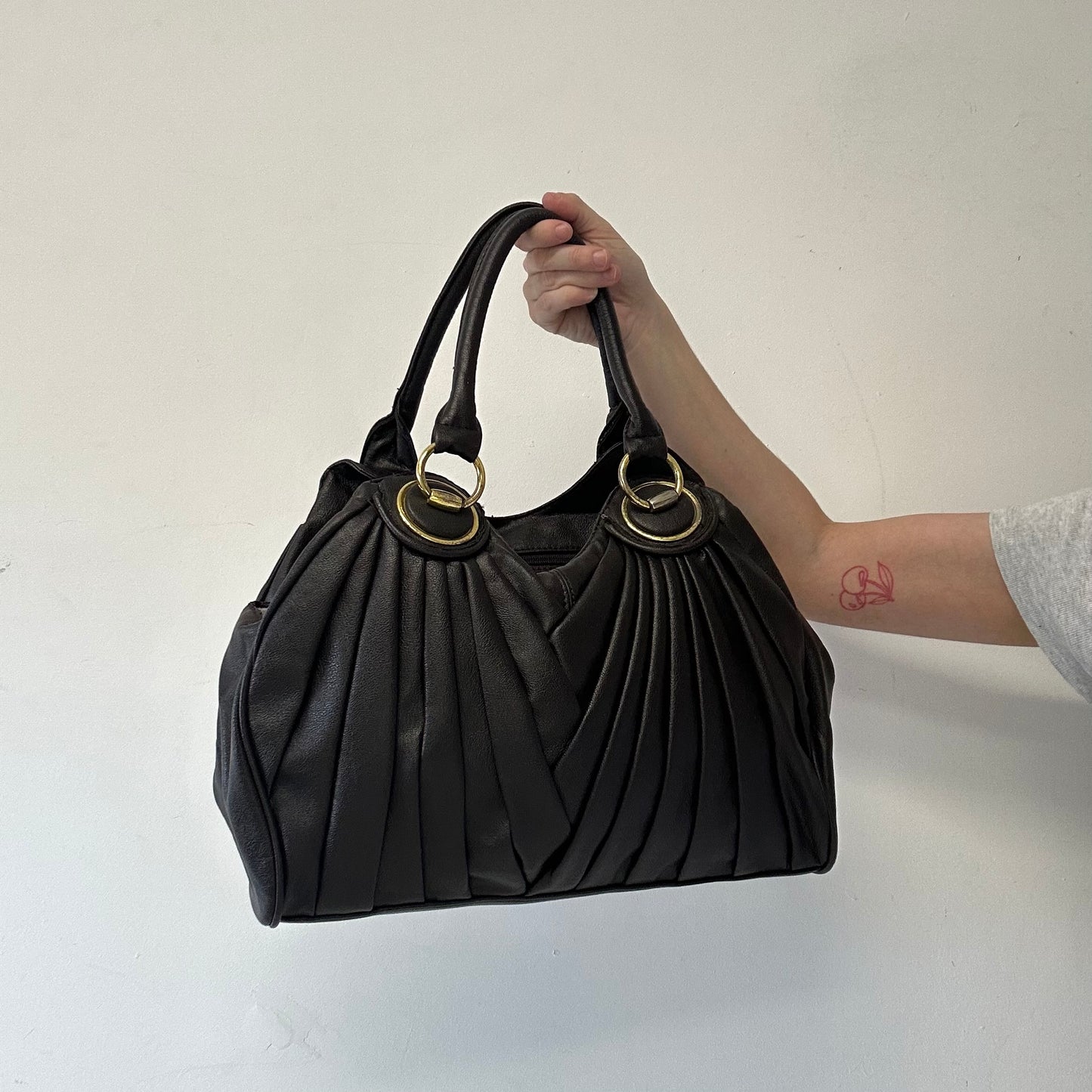 brown pleated faux leather shoulder bag