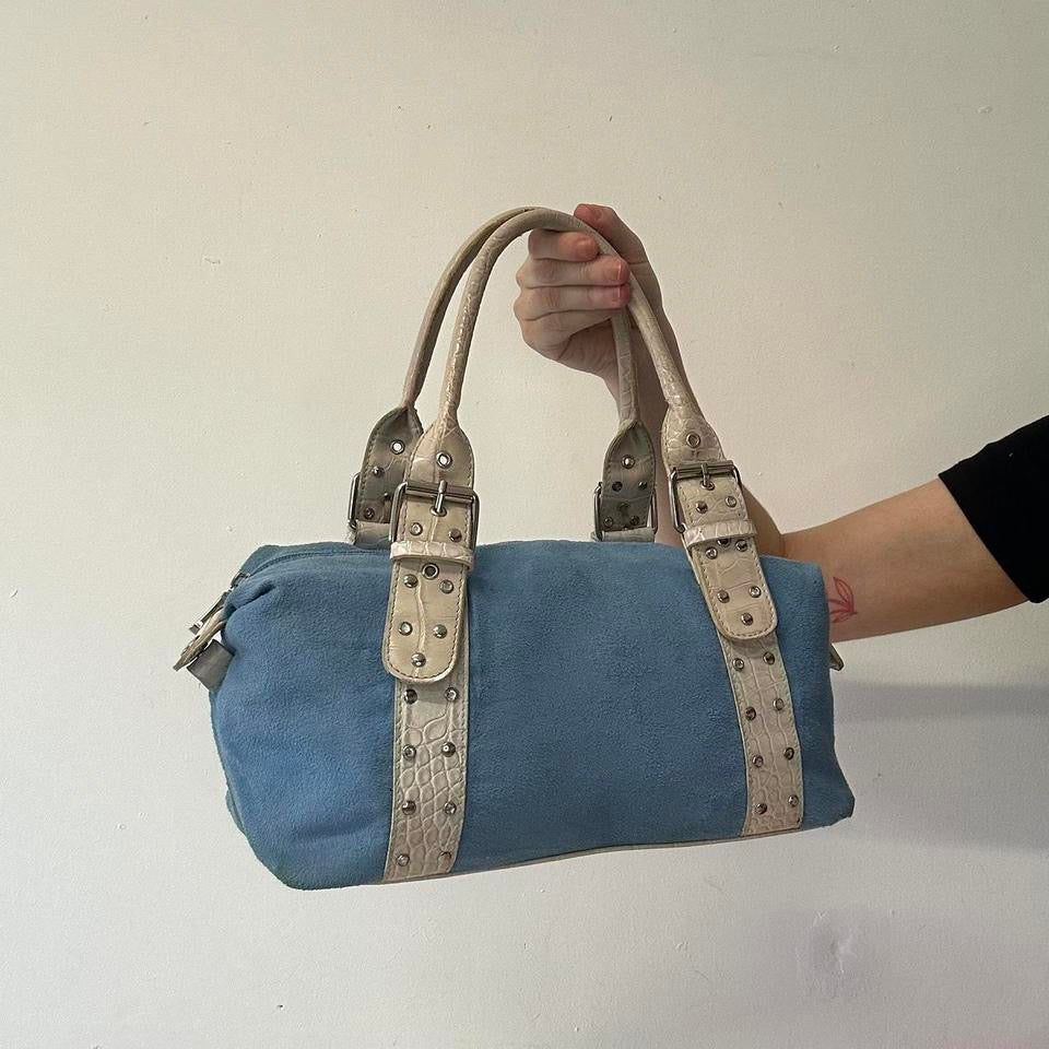 blue studded double buckle shoulder bag