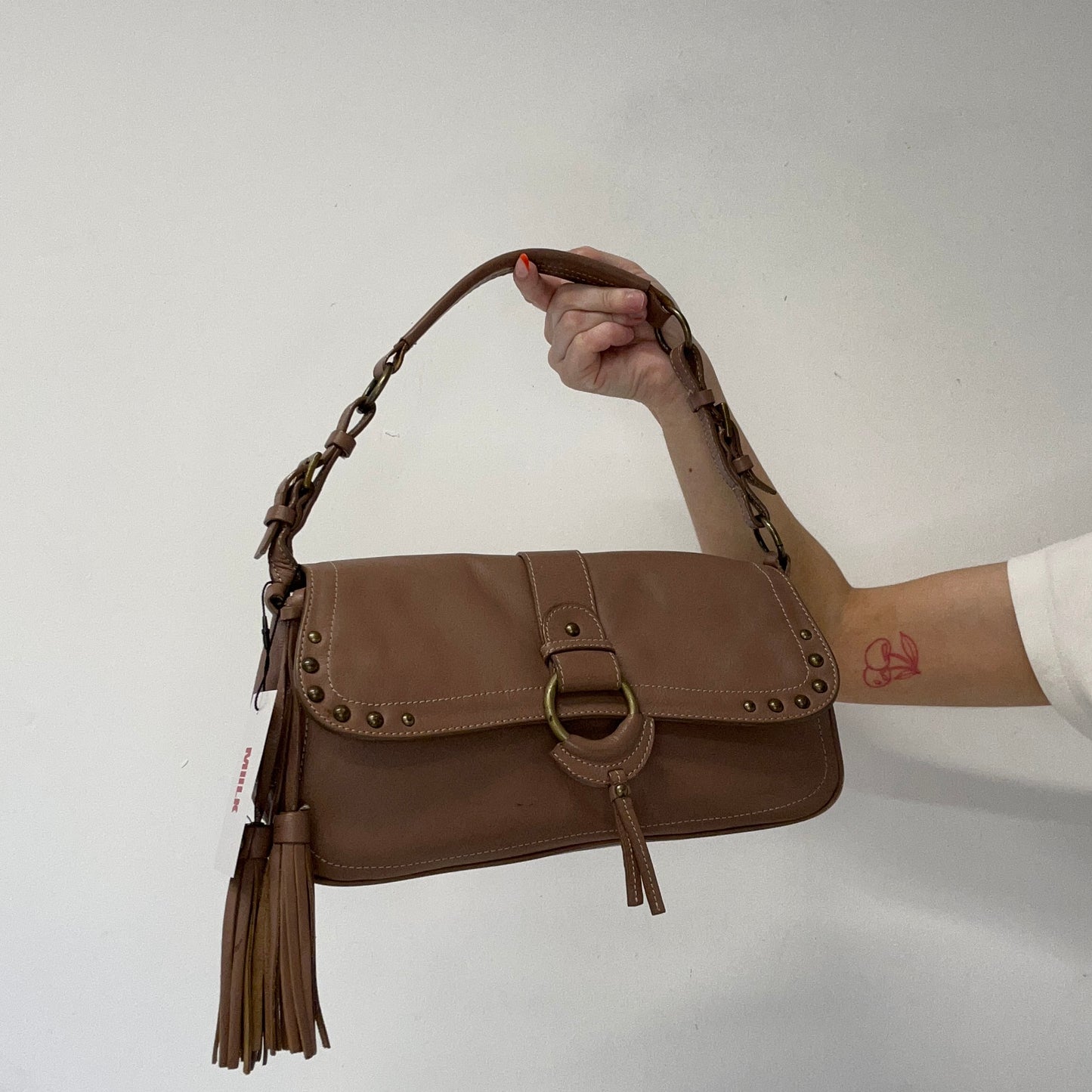 tanned brown studded buckle faux leather shoulder bag