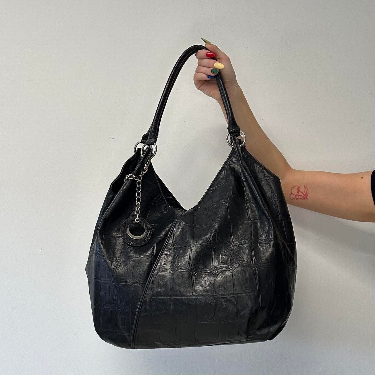 black faux leather croc effect shoulder bag