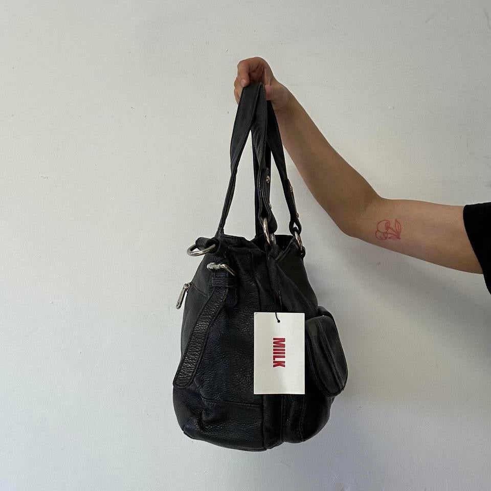 black double pocket leather shoulder bag