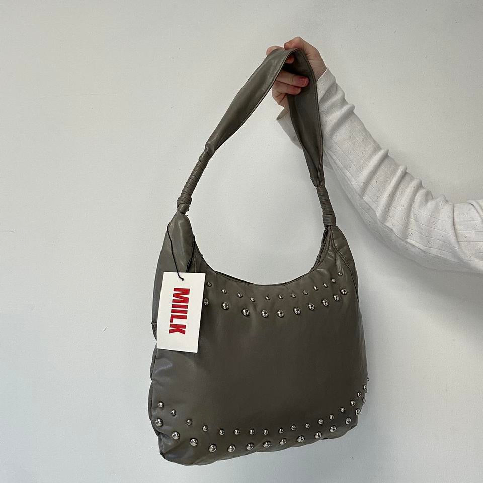grey faux leather studded shoulder bag