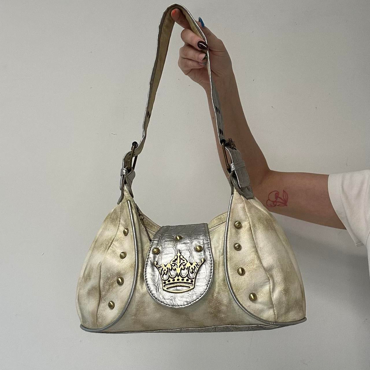 silver and gold studded crown faux leather shoulder bag