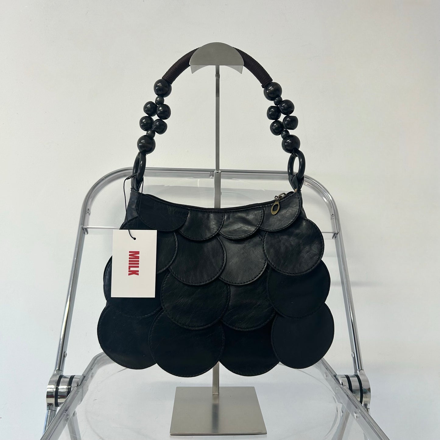 black faux leather disc beaded shoulder bag