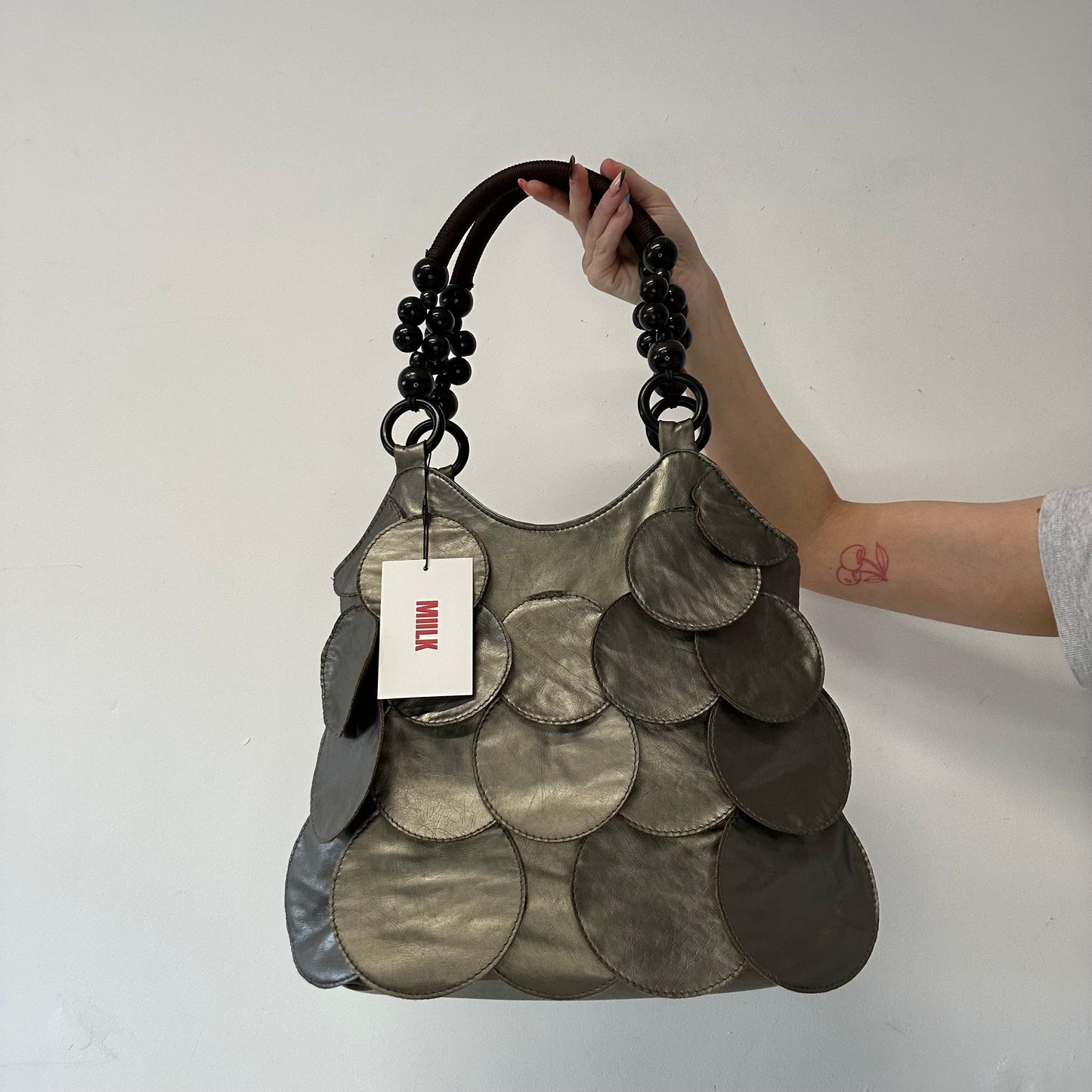 grey metallic faux leather disc beaded shoulder bag