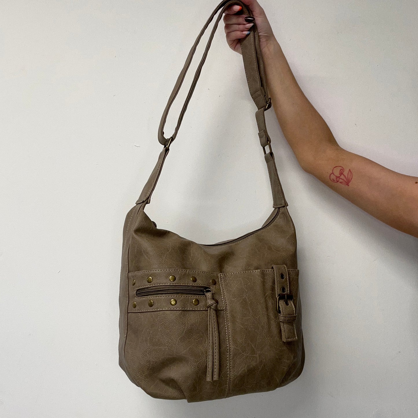 brown faux leather studded buckle shoulder bag