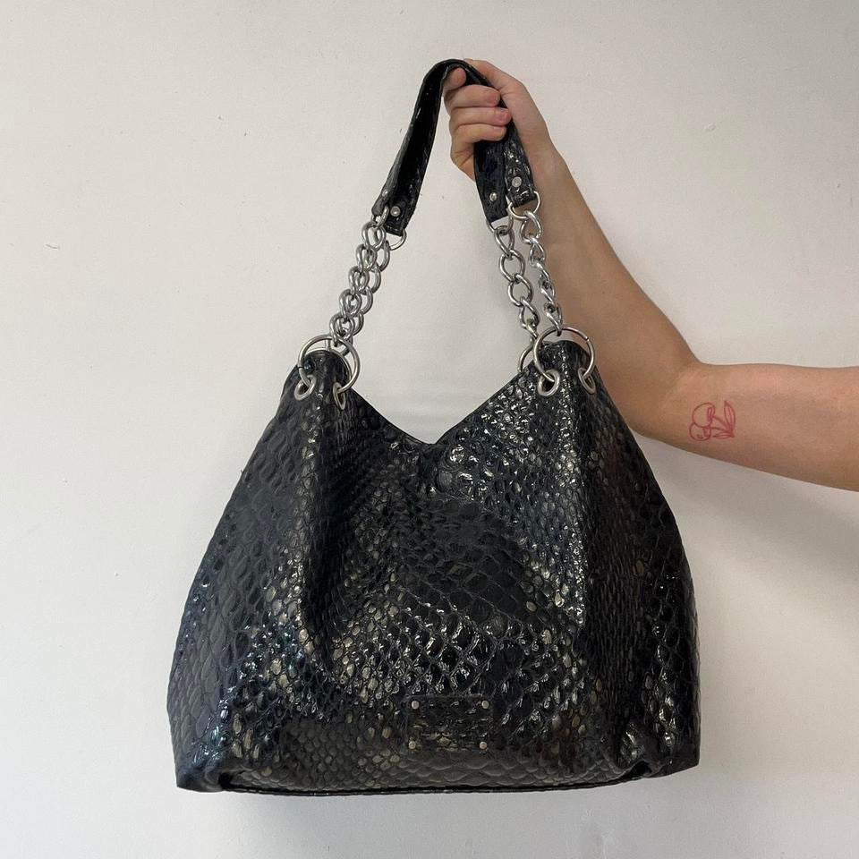 black faux leather croc effect shoulder bag