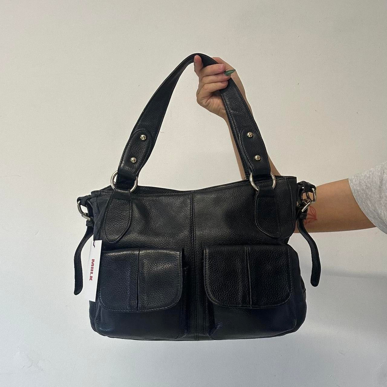 black genuine leather double pocket shoulder bag