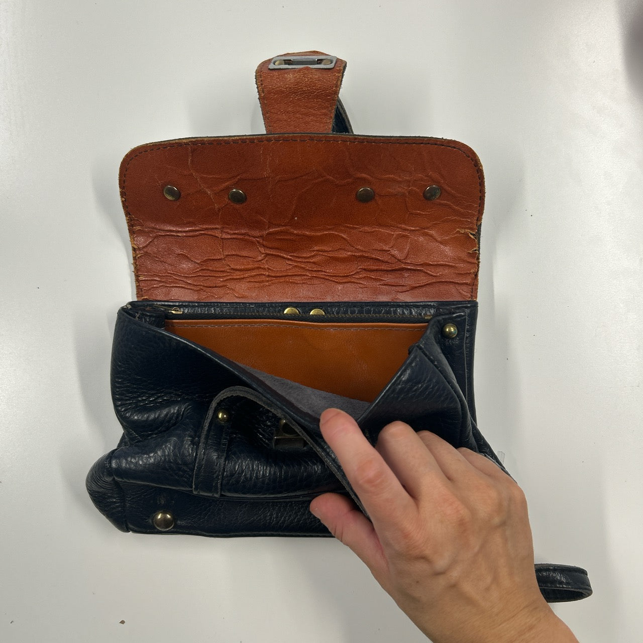 navy studded leather ultra mini hand bag