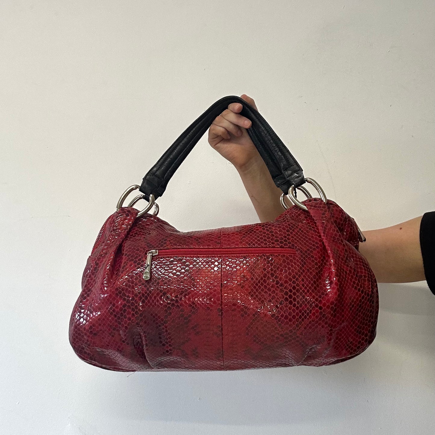 black and red faux leather croc effect shoulder bag