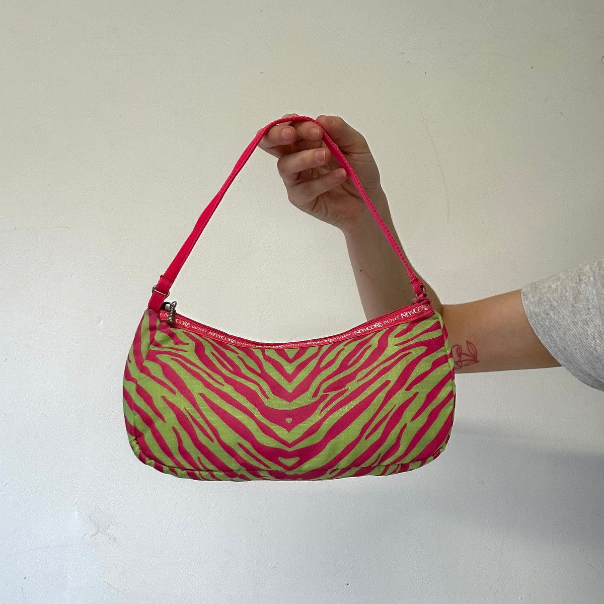 green and pink zebra print canvas shoulder bag