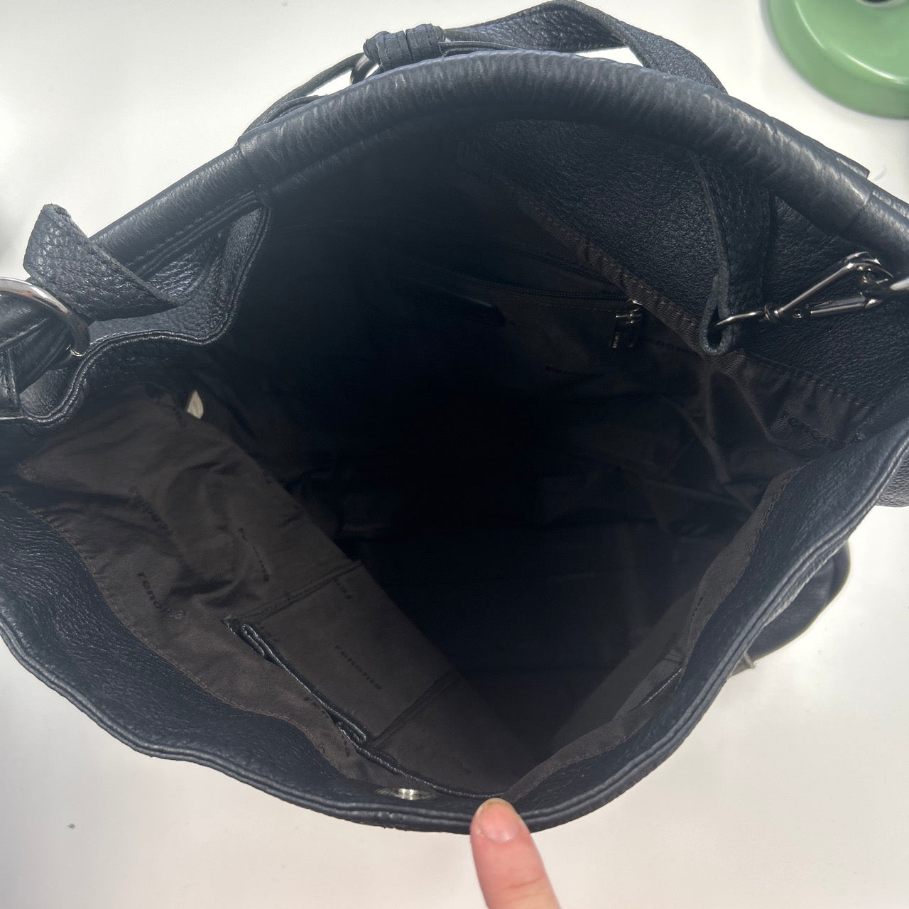 black ruched canvas and faux leather shoulder bag