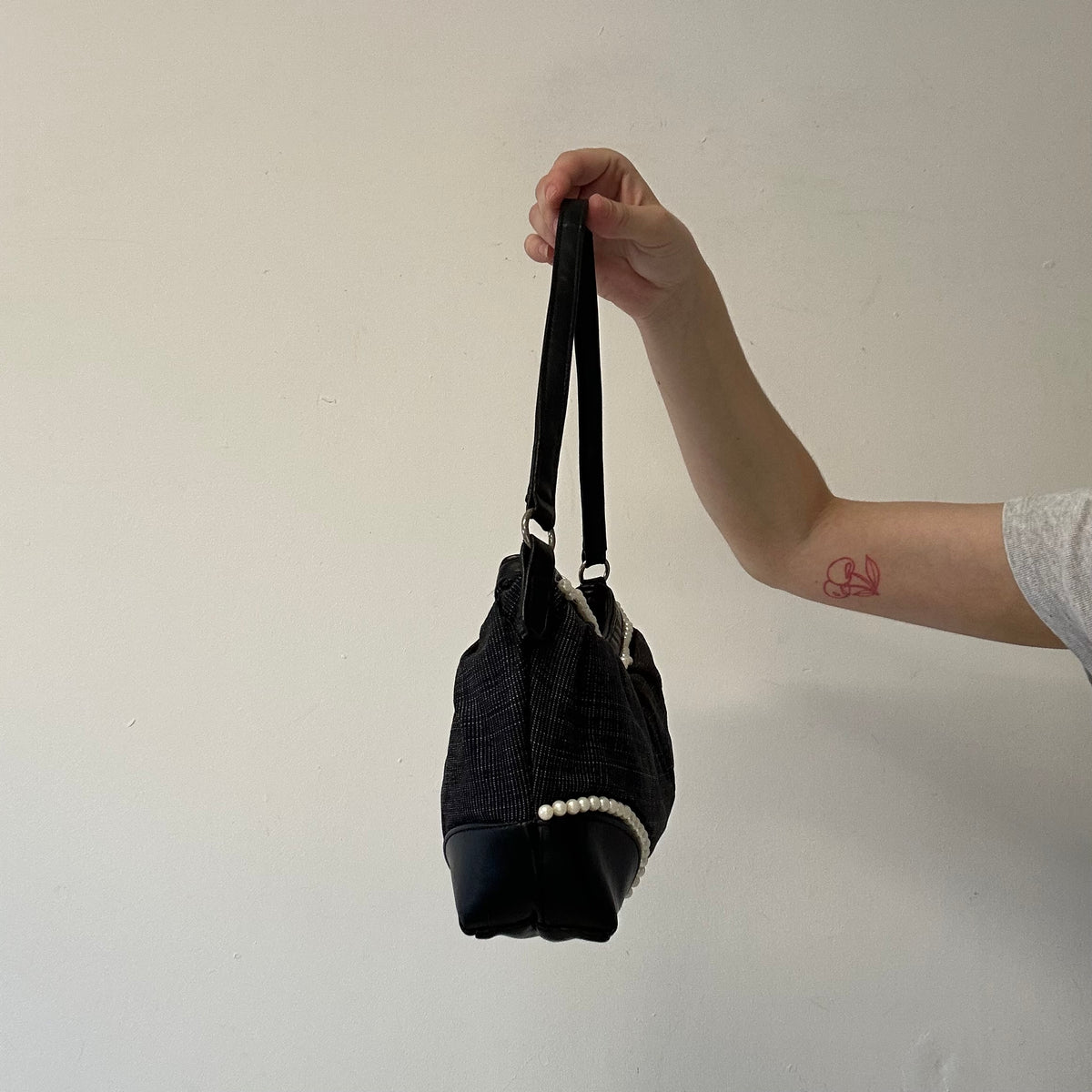 black pearl beads faux leather shoulder bag
