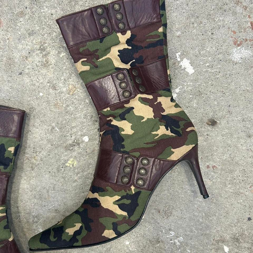 green camouflage studded heeled boots