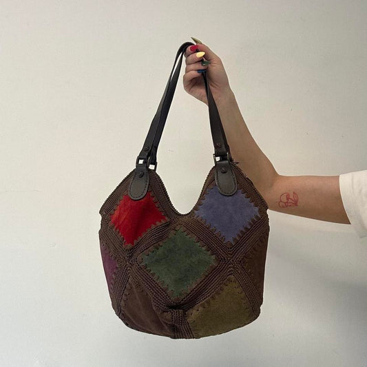 patchwork suede and crochet shoulder bag