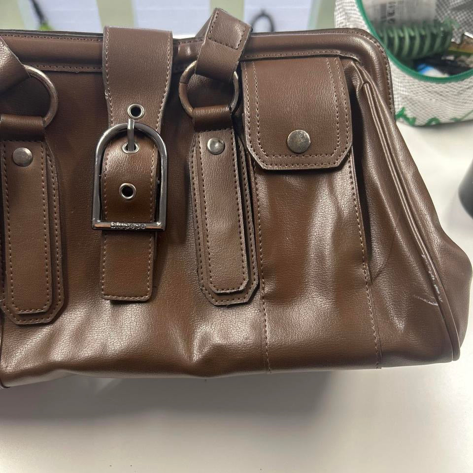 brown faux leather double buckle shoulder bag