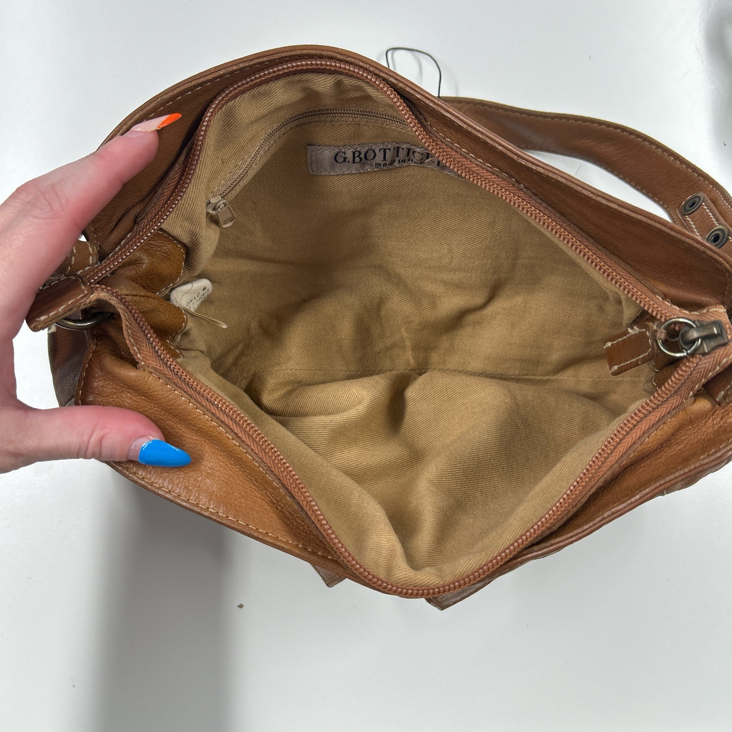 brown leather double pocket shoulder bag