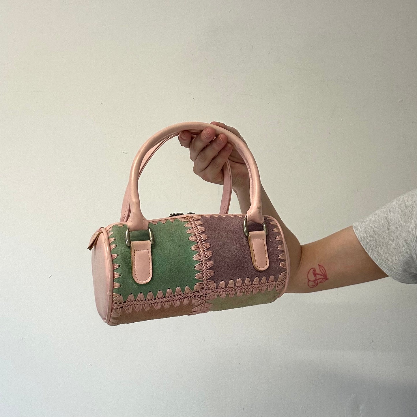 pastel patchwork stitching barrel mini handbag