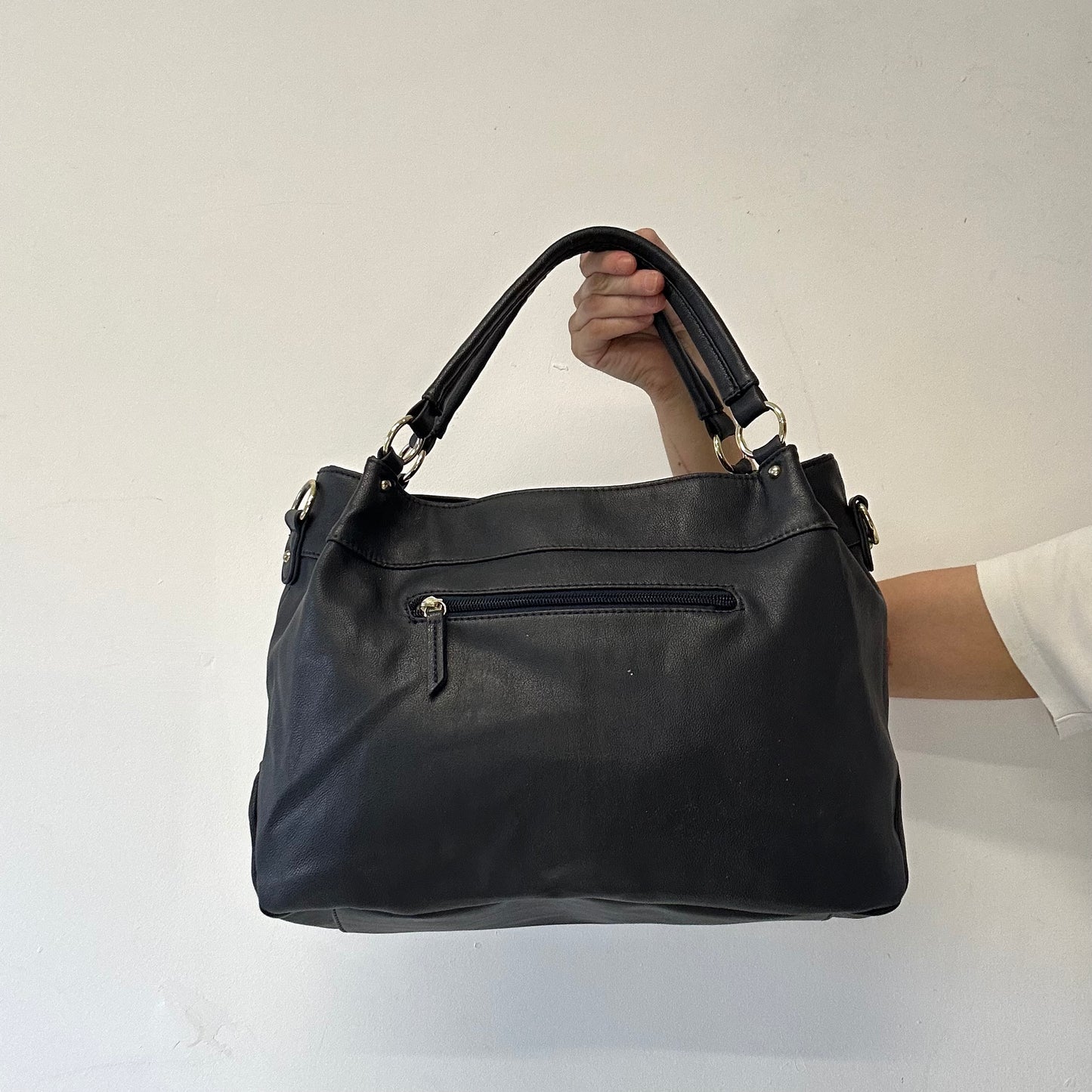 navy blue double zip faux leather shoulder bag