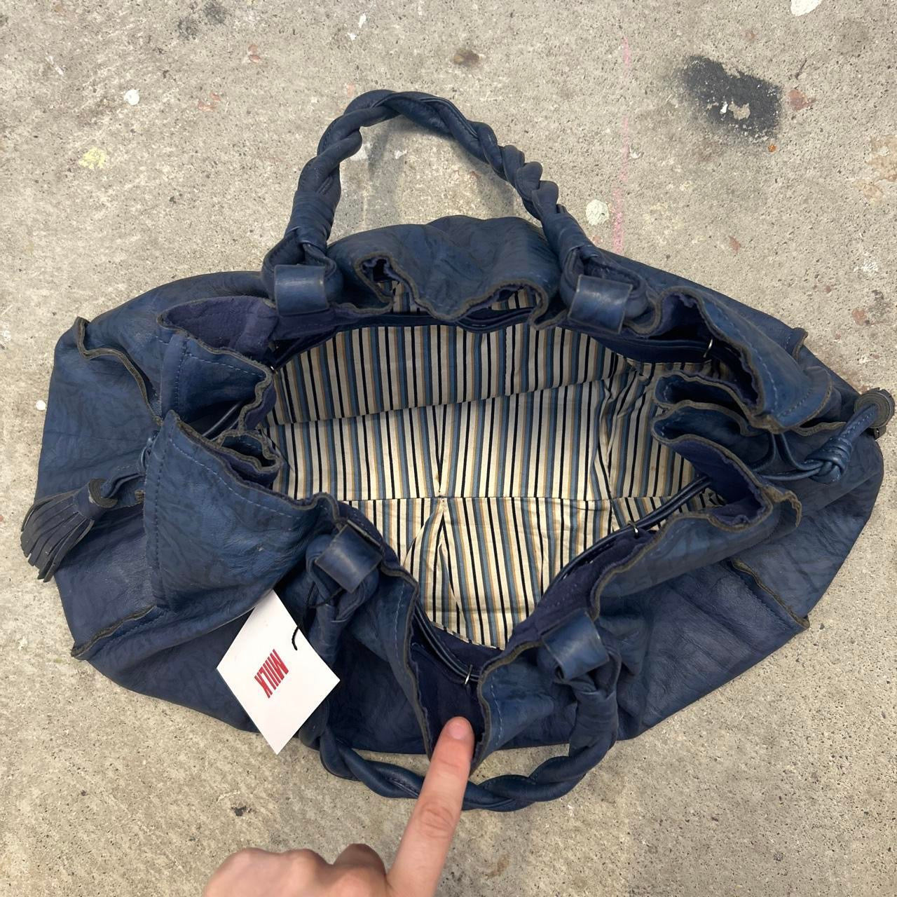 navy blue genuine leather twisted handle shoulder bag