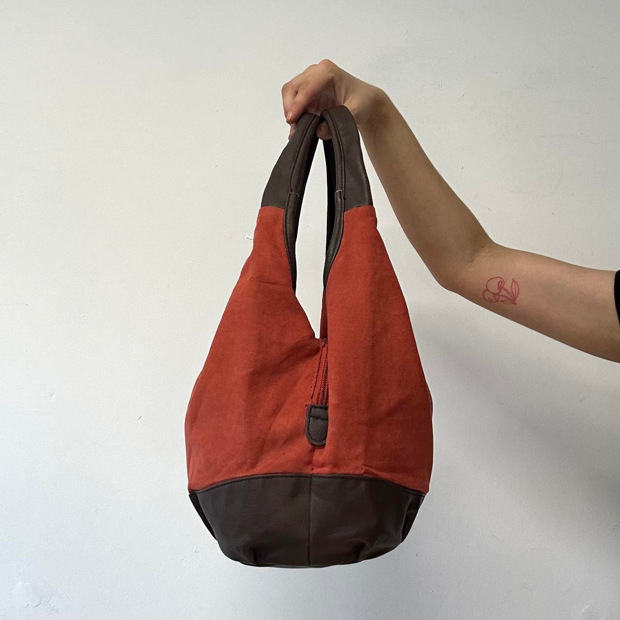burnt orange soft feel and faux leather shoulder bag