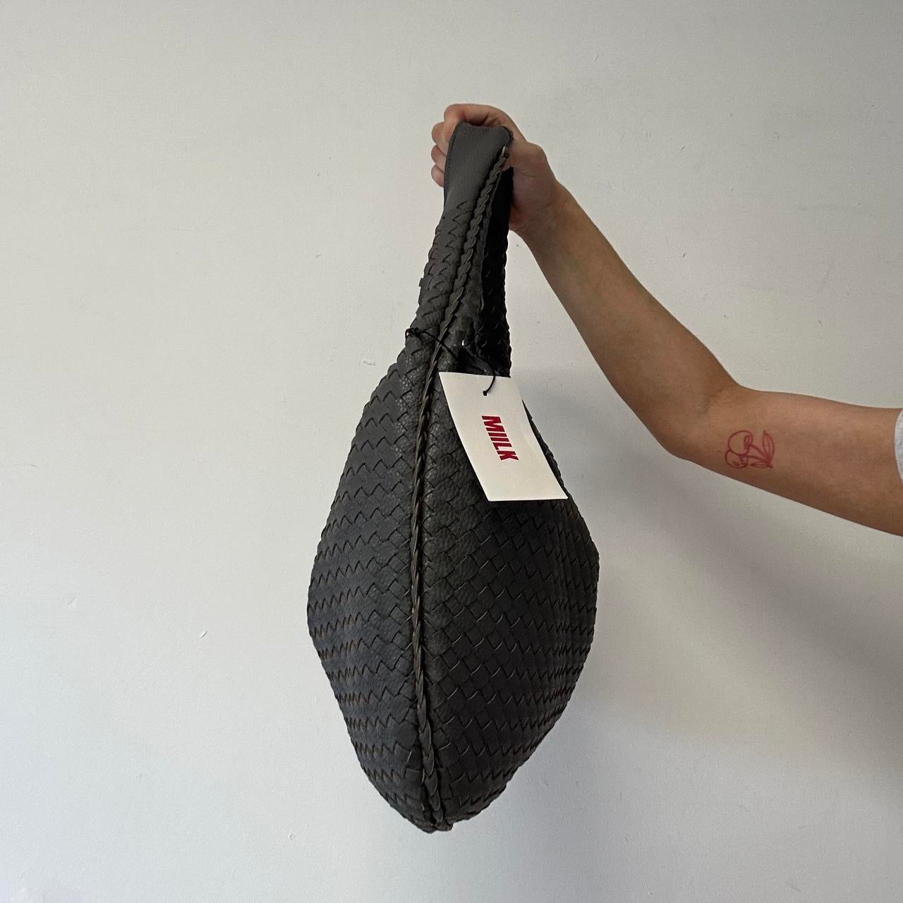grey faux leather woven shoulder bag