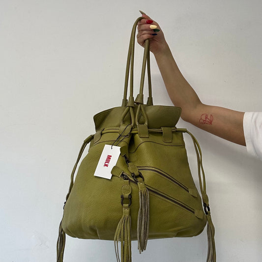 green leather double zip drawstring tote bag