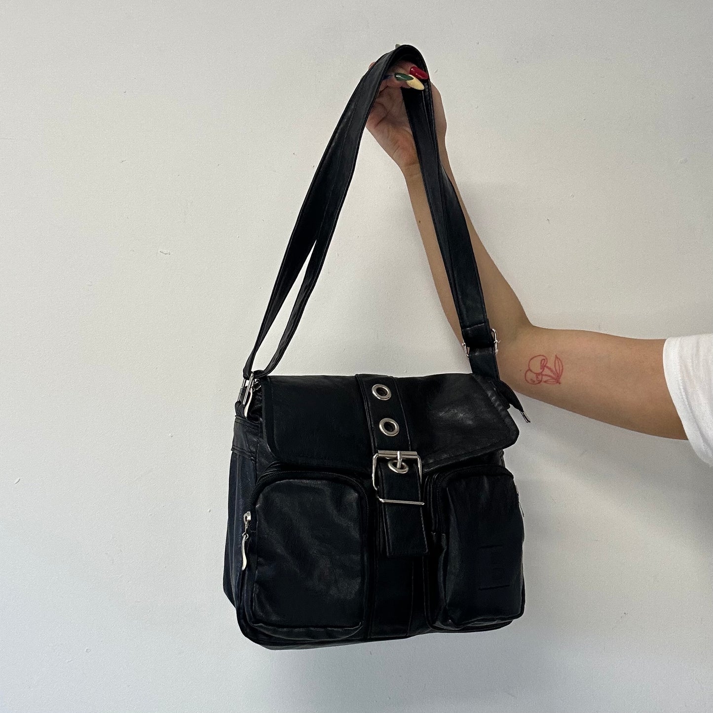 black faux leather double pocket  shoulder bag
