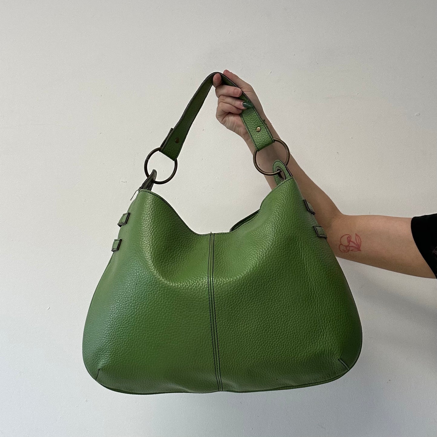 green double buckle faux leather shoulder bag