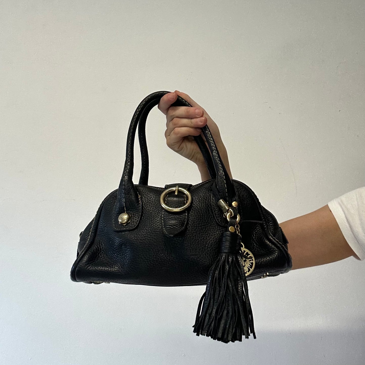 black genuine leather buckle mini shoulder bag