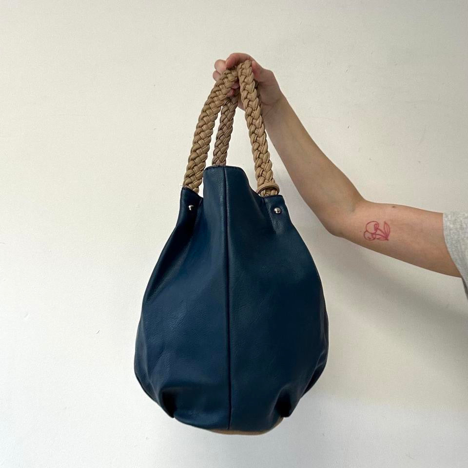 blue faux leather plaited handle shoulder bag