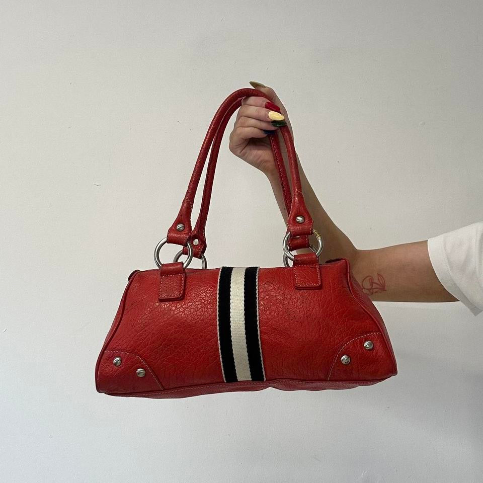 red genuine leather silver buckle  shoulder bag